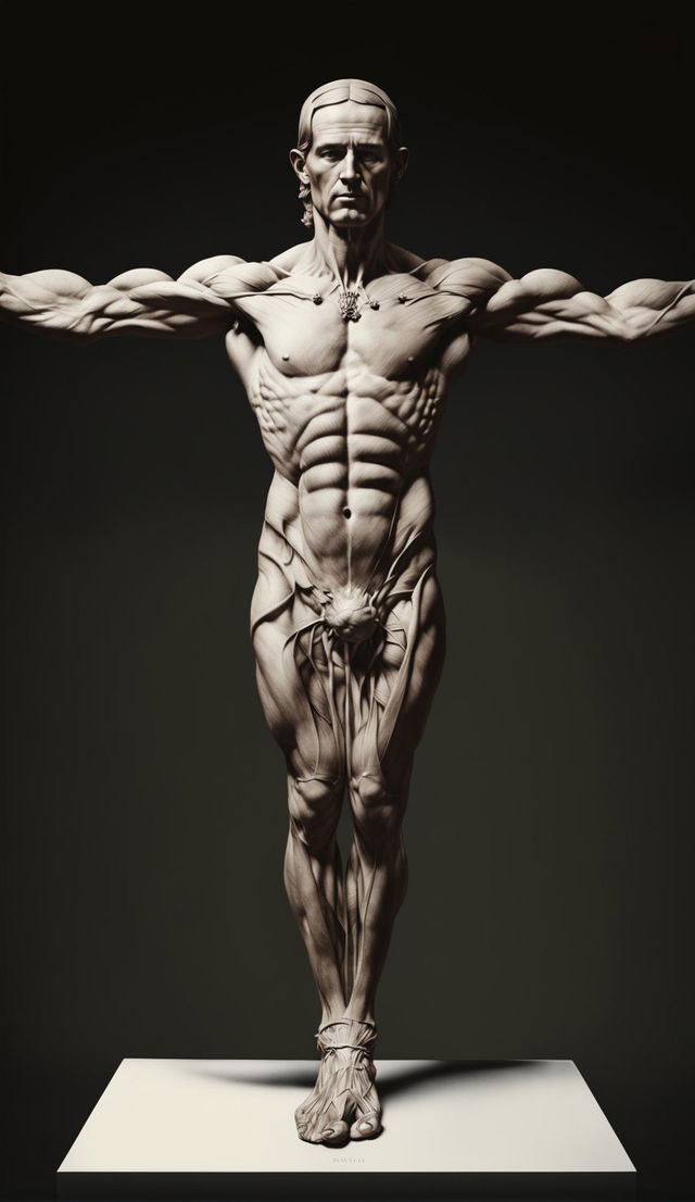 A high-definition CGI photograph of the Vitruvian Man brought to life, standing in two sets of positions with every muscle and sinew visible against a simple backdrop.