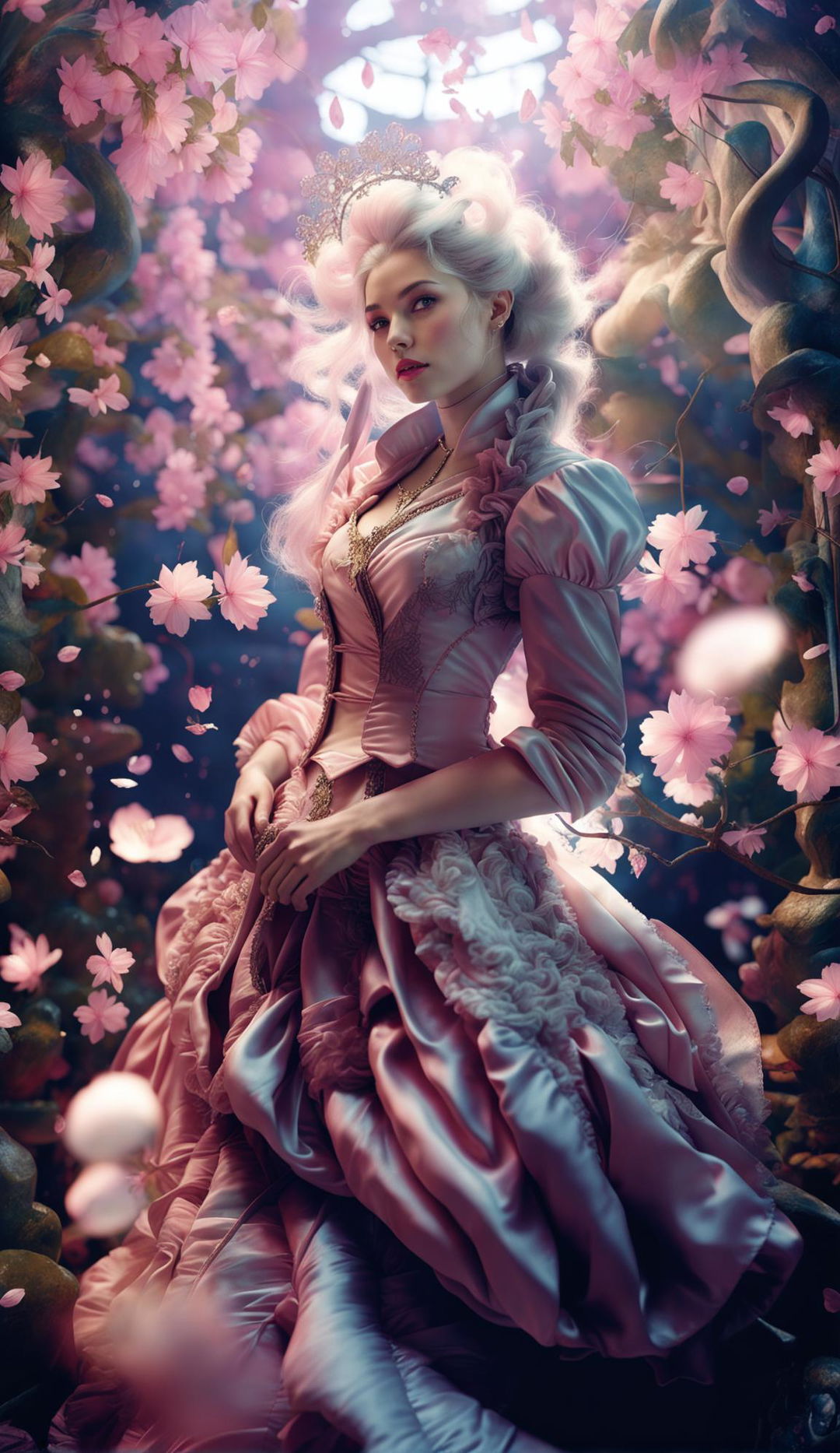 A woman styled in Rococo-Final Fantasy fashion in an enchanted forest with beams of light, twinkling fairy lights, magical pink and white illumination, floral aesthetics, fantasy ambiance, bokeh effect, vignette border, sakura petals showering down and misty atmosphere in 32k resolution.