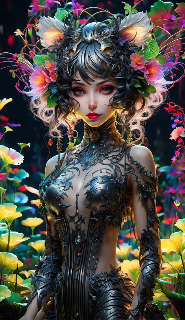 A hyper-realistic 3D image of a Rococo-inspired cyberpunk cat woman with pronounced feline features standing in a garden of bioluminescent flowers. She is dressed in an elaborate Rococo-style dress with glowing circuits and neon wires, and the image is filled with vibrant colours and stunning lighting effects.