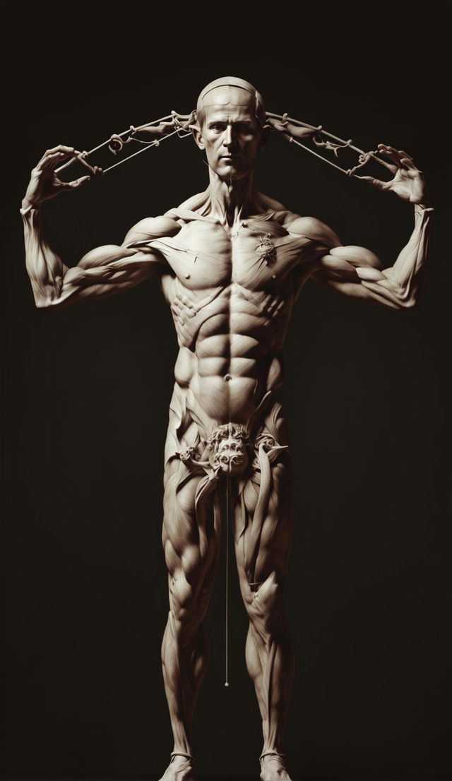 A high-definition CGI photograph of the Vitruvian Man brought to life with six arms, standing in three sets of positions with every muscle and sinew visible against a simple backdrop.