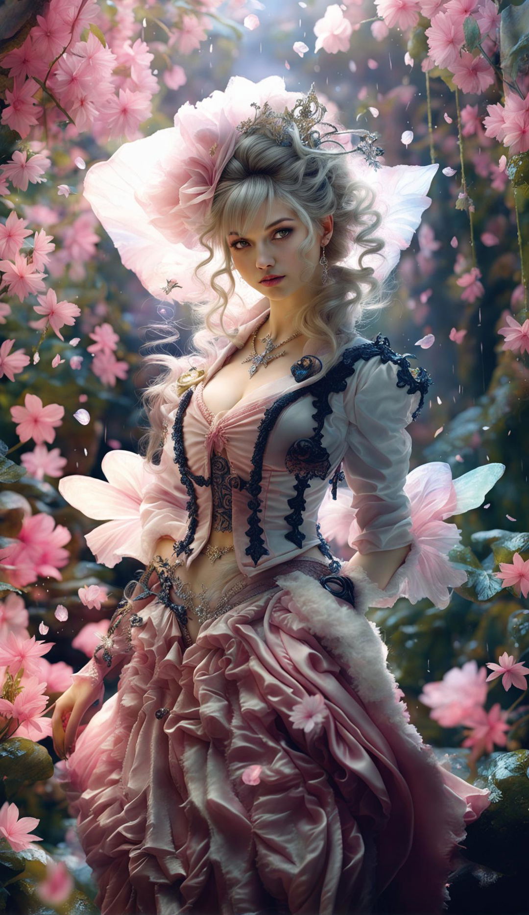 A Rococo-Final Fantasy styled woman with piercing eyes in a rain-soaked mystical forest with cinematic lighting, fairy lights, magical white and pink lighting, flower aesthetic, fantasy vibes, bokeh effect, vignette framing, falling sakura petals and water vapour in ultra-high resolution.