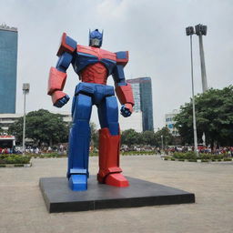 The large logo of Sidoarjo located in the center of the city square, being guarded by the powerful Optimus Prime.