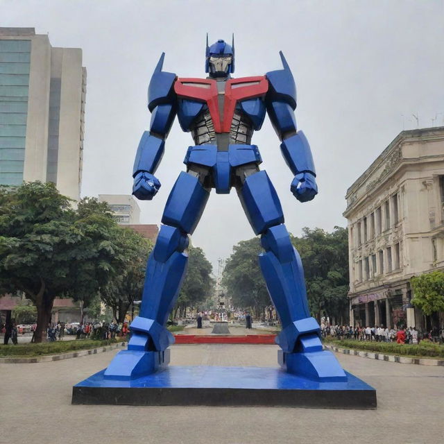 The large logo of Sidoarjo located in the center of the city square, being guarded by the powerful Optimus Prime.