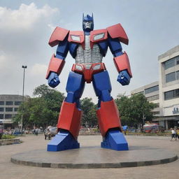 The large logo of Sidoarjo located in the center of the city square, being guarded by the powerful Optimus Prime.