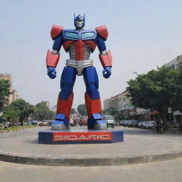 The large logo of Sidoarjo located in the center of the city square, being guarded by the powerful Optimus Prime.