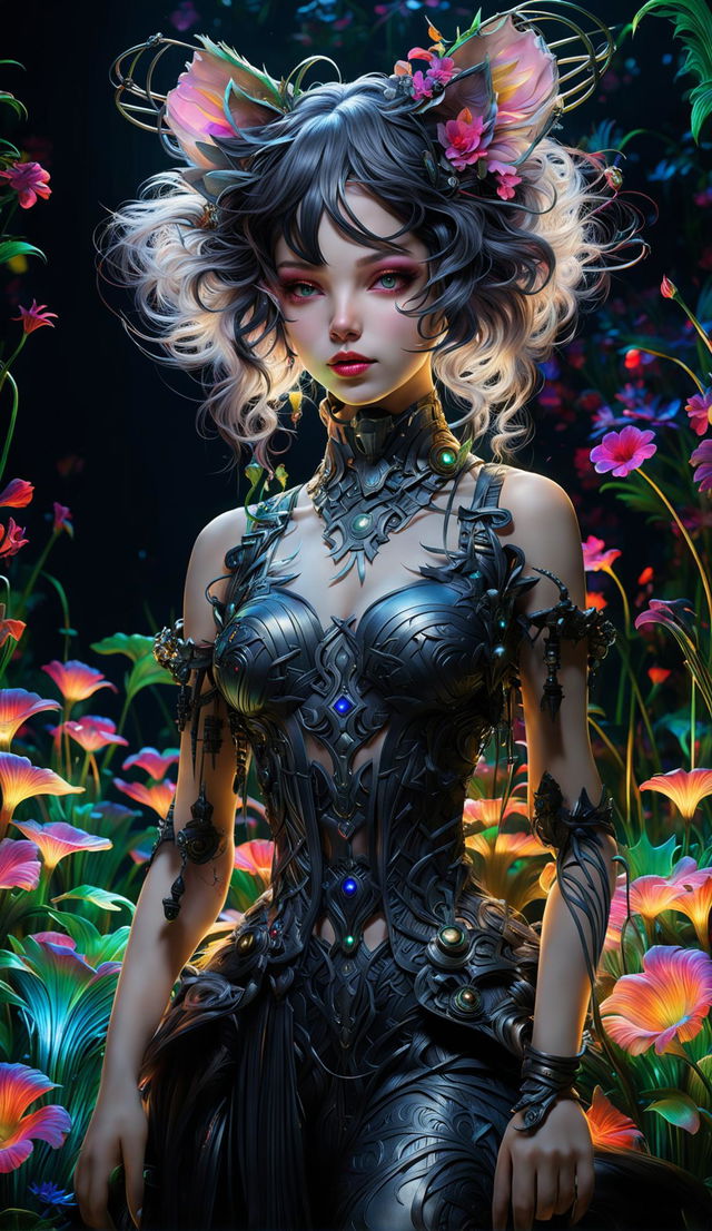 A hyper-realistic 3D image of a Rococo-inspired cyberpunk cat woman with pronounced feline features standing in a garden of bioluminescent flowers. She is dressed in an elaborate Rococo-style dress with glowing circuits and neon wires, and the image is filled with vibrant colours and stunning lighting effects.