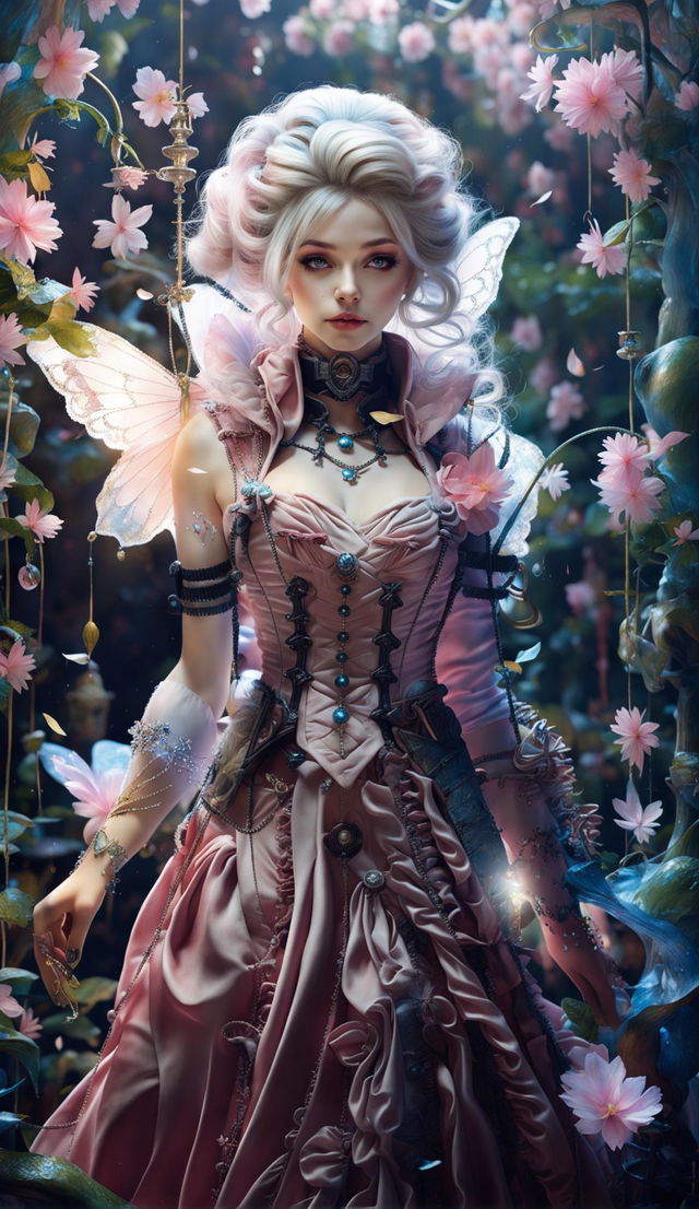 A Rococo-Final Fantasy styled woman with minor steampunk details and vivid light blue eyes in a mystical forest with cinematic lighting, fairy lights, magical white and pink lighting, flower aesthetic, fantasy vibes, bokeh effect, vignette framing, falling sakura petals and water vapour in 32k resolution.