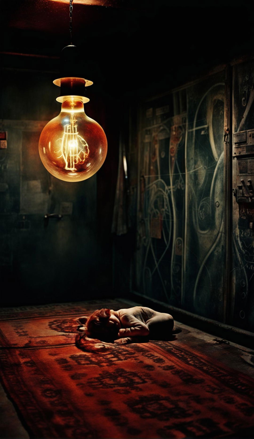 A dimly lit lightbulb in a pitch-black room illuminates a small sleeping demon in the corner. The room is filled with grim, retro-futuristic art and objects, captured in the signature style of Mario Testino.