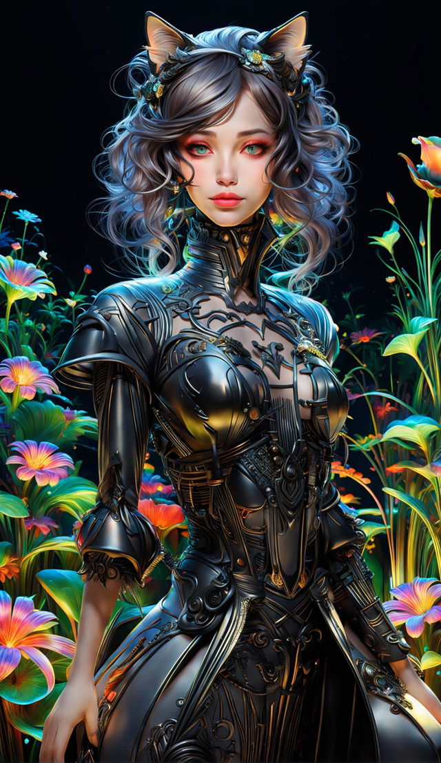 A hyper-realistic 3D image of a Rococo-inspired cyberpunk cat woman with pronounced feline features and a cybernetic cat by her side, standing in a garden of bioluminescent flowers. She is dressed in an elaborate Rococo-style dress with glowing circuits and neon wires, and the image is filled with vibrant colours and stunning lighting effects.