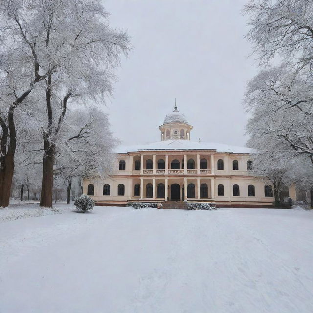 Bhavans Mehta Mahavidyalay Bharwari, a grand educational institution, shrouded in a serene blanket of fresh white snow under a clear winter sky.