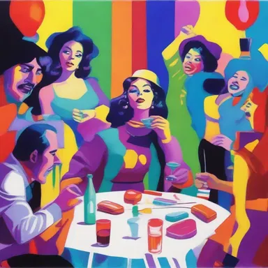The artist depicted the party scene with vibrant colors and characters snorting lines of cocaine.