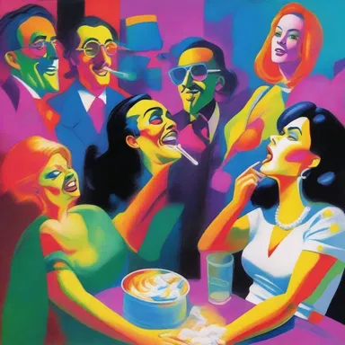 The artist depicted the party scene with vibrant colors and characters snorting lines of cocaine.