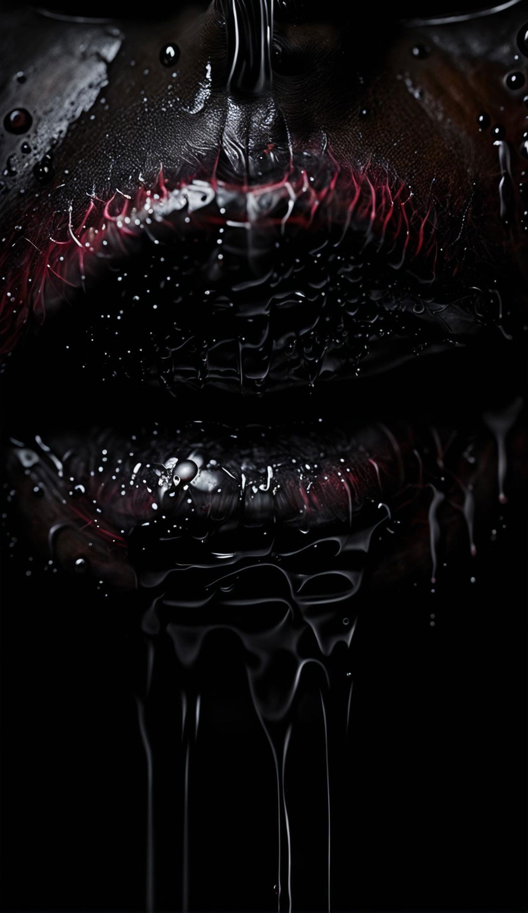 Ultra-high-definition close-up of a mouth devouring alien black goo.