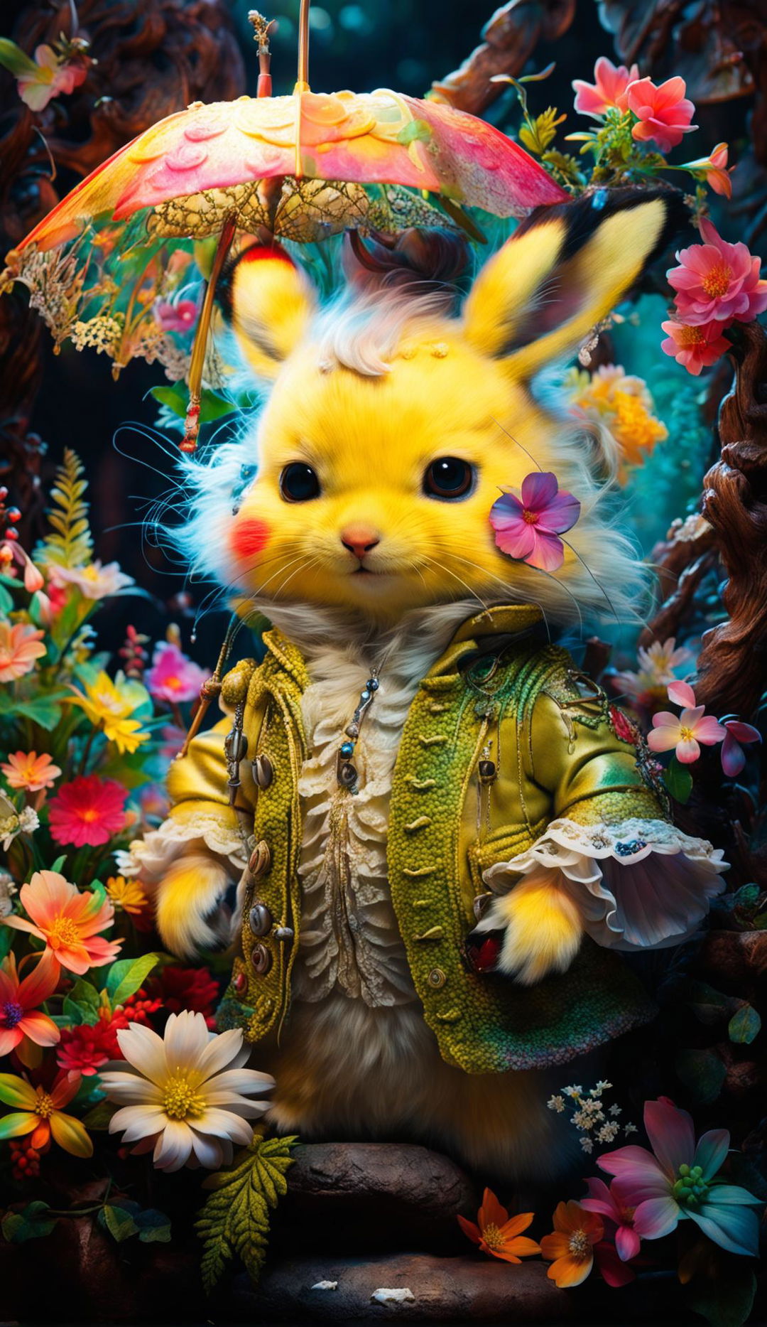 A hyper-realistic 3D photograph of a Rococo-styled fuzzy Pikachu in a vibrant, fantastical forest filled with colourful creatures and flowers.