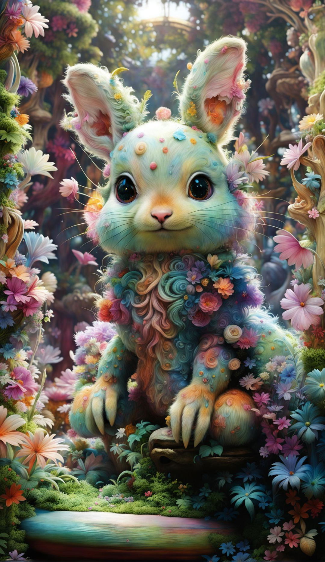 A hyper-realistic 3D rendering of a cute, fuzzy creature in a vibrant Rococo-inspired forest filled with colourful flowers.