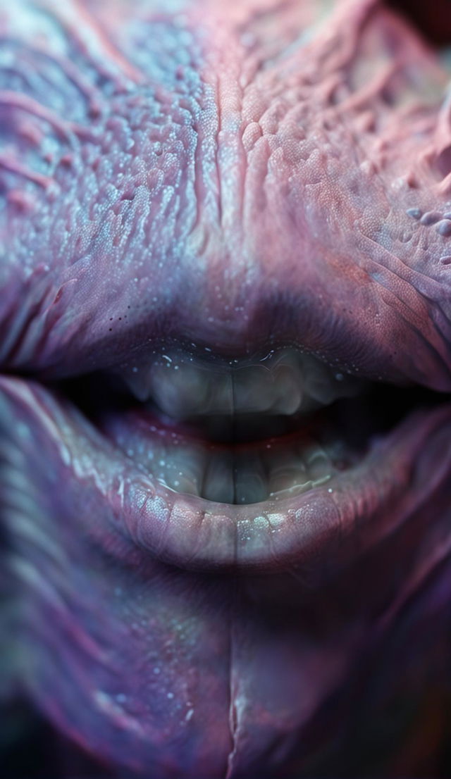 Ultra-close up digital art of an alien creature's mouth with pastel skin, full lips, sharp teeth, and subtle smile.