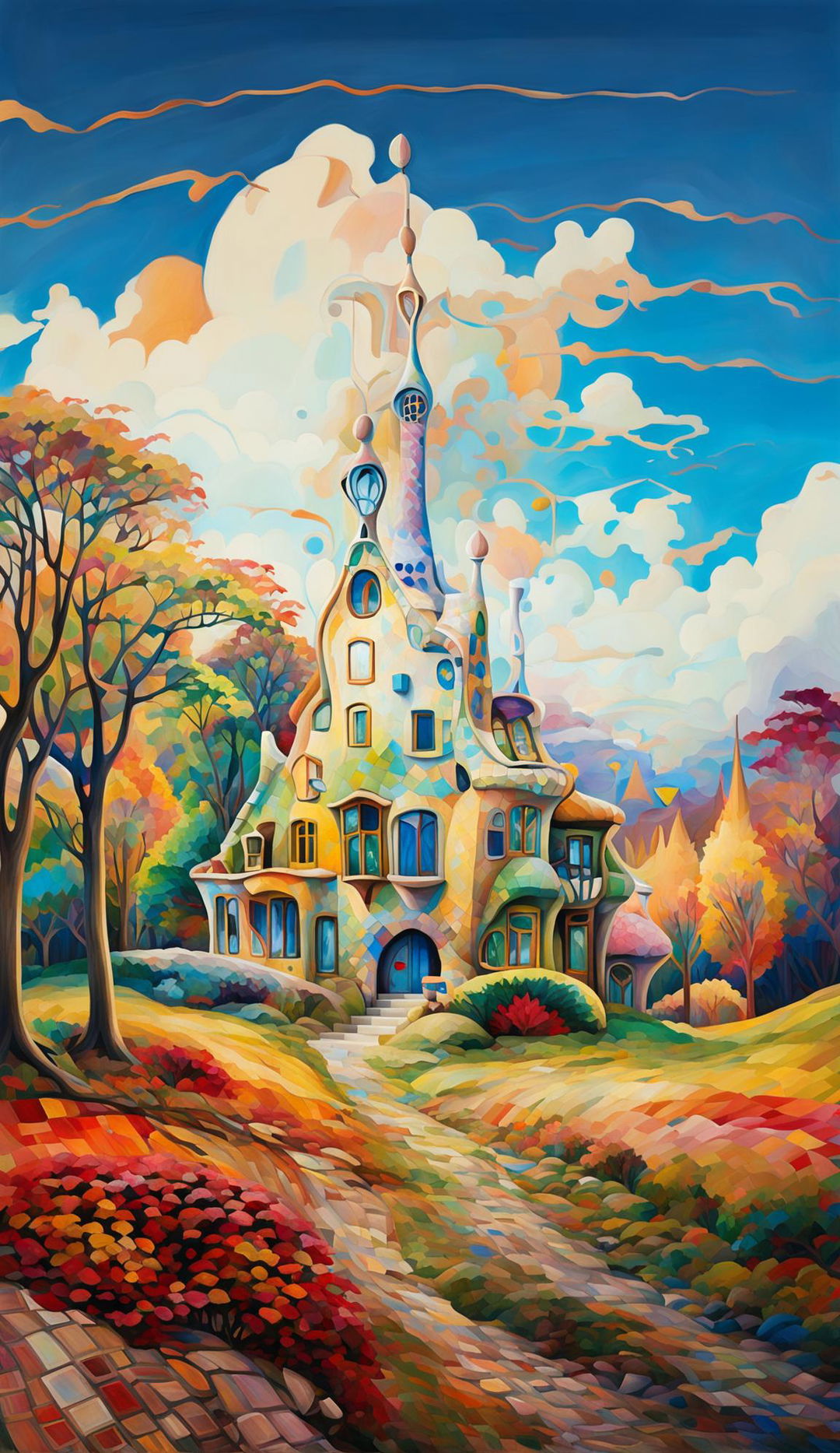 Impressionist painting featuring an Antonio Gaudi-inspired architectural home in a vibrant autumn meadow.