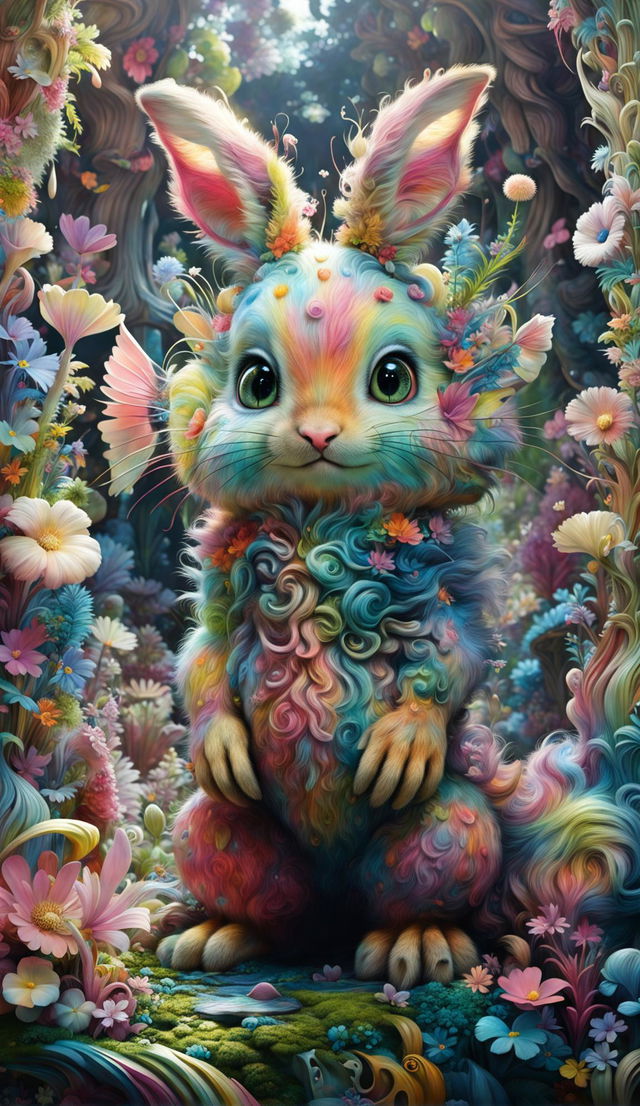 A hyper-realistic 3D rendering of a cute, fuzzy creature in a mythical Rococo-inspired forest with light filtering through the trees and vibrant flowers.