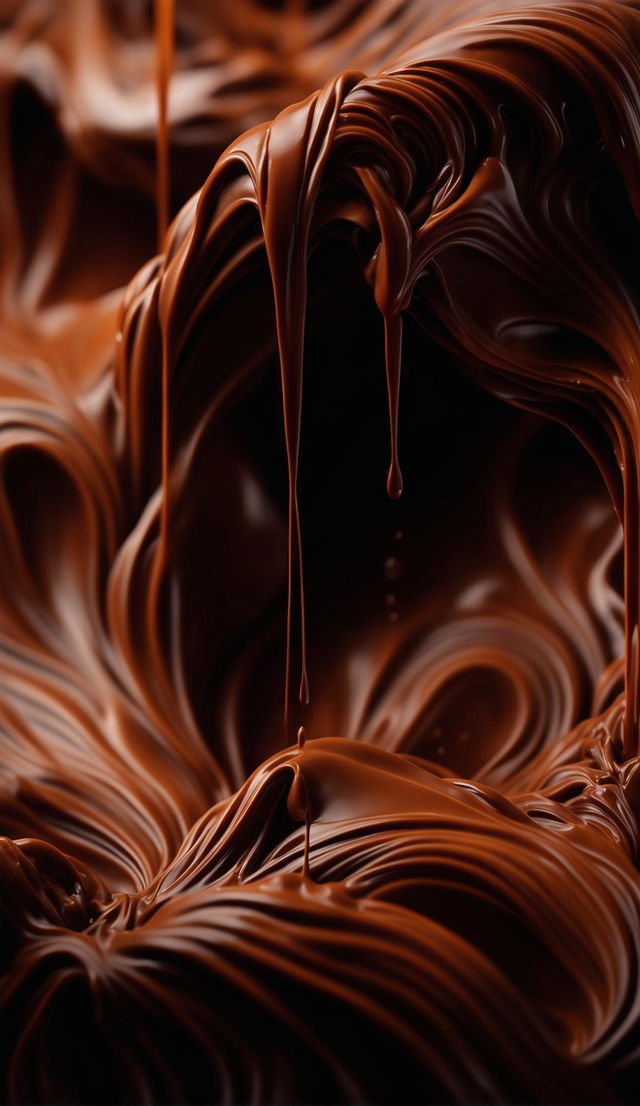 Ultra-close up of liquid chocolate pouring down in a fractal pattern, captured in dark, cinematic 32k photography.