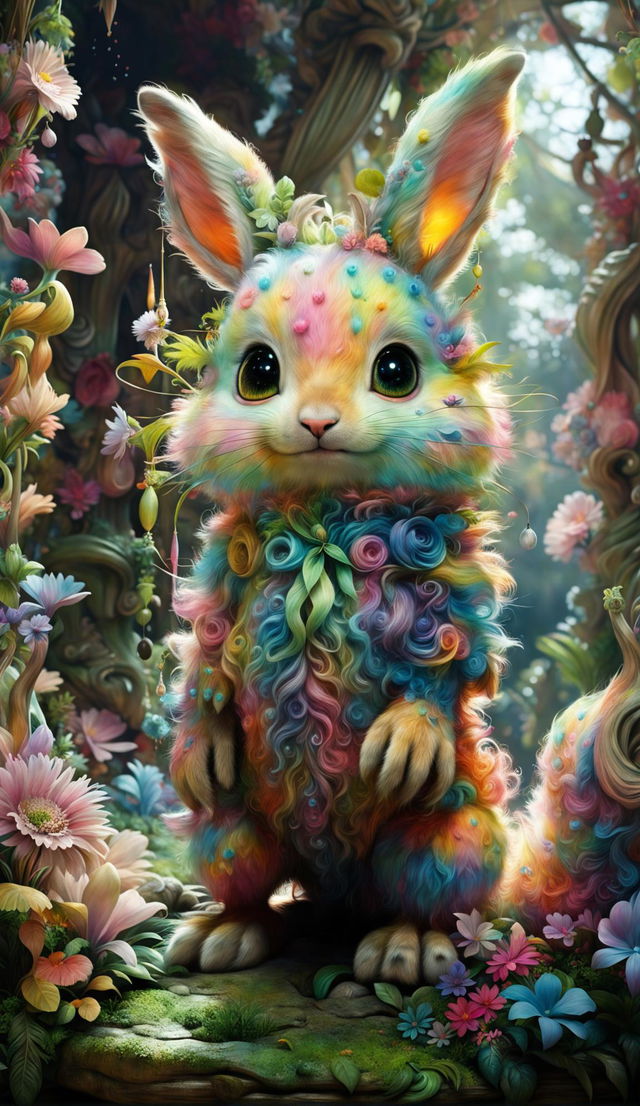 A hyper-realistic 3D rendering of a cute, fuzzy creature in a mythical Rococo-inspired forest with light filtering through the trees and vibrant flowers.