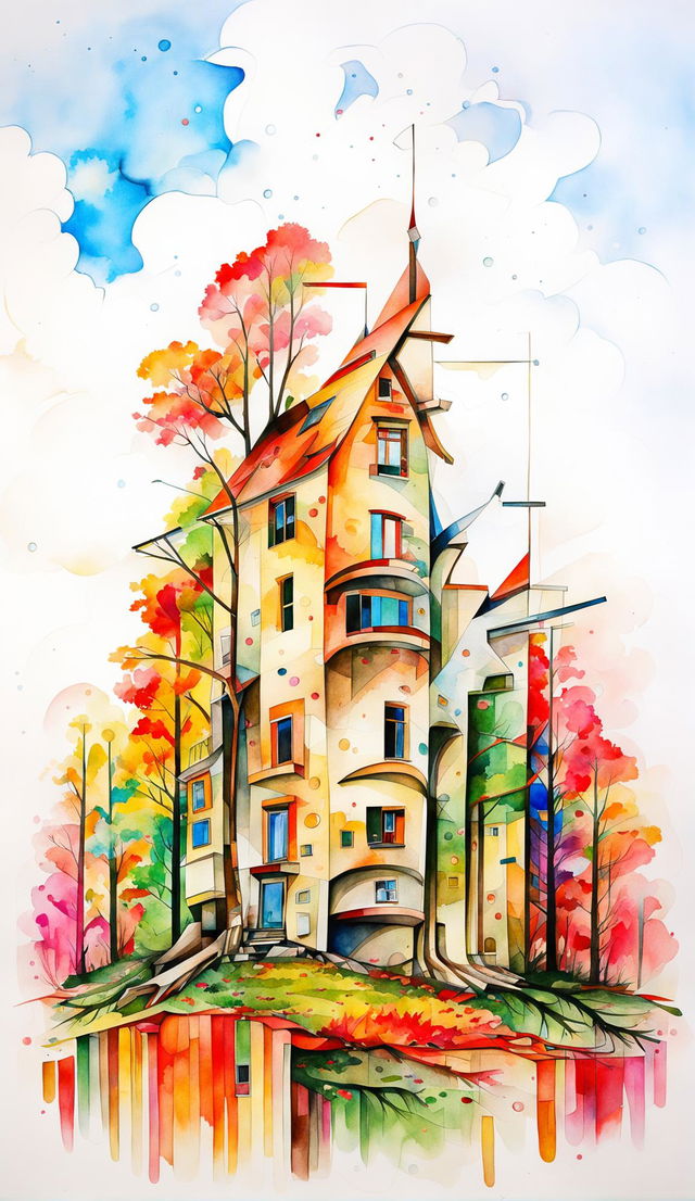 Watercolour cubist painting with blurry brushstrokes of an Antonio Gaudi-inspired architectural home in an autumn meadow.