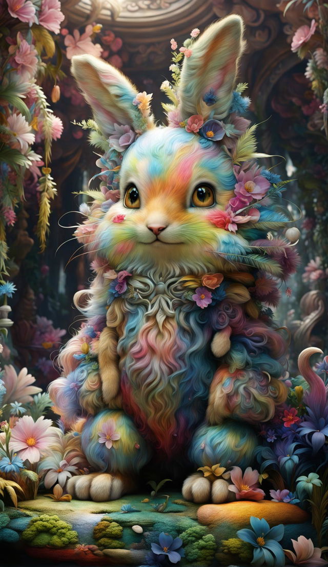 A hyper-realistic 3D rendering of a cute, fuzzy creature with floppy ears in a mythical Rococo-inspired forest with light filtering through the trees and vibrant flowers.