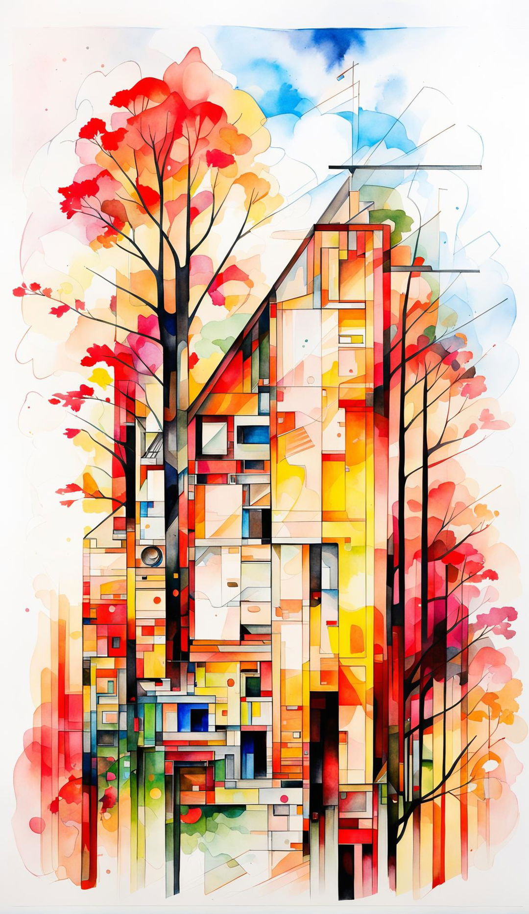 Watercolour cubist painting with blurry brushstrokes of a Le Corbusier-inspired architectural home in an autumn meadow.