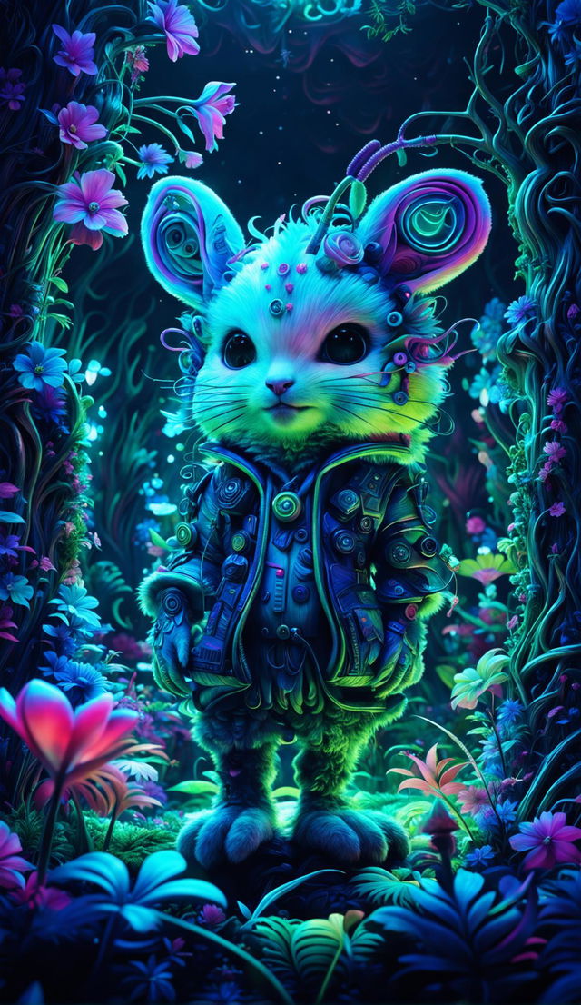 A hyper-realistic 3D image of a cute, fuzzy forest creature in a mythical forest. The creature and its surroundings are a fusion of Rococo and Cyberpunk aesthetics, with vibrant colours and intricate details.