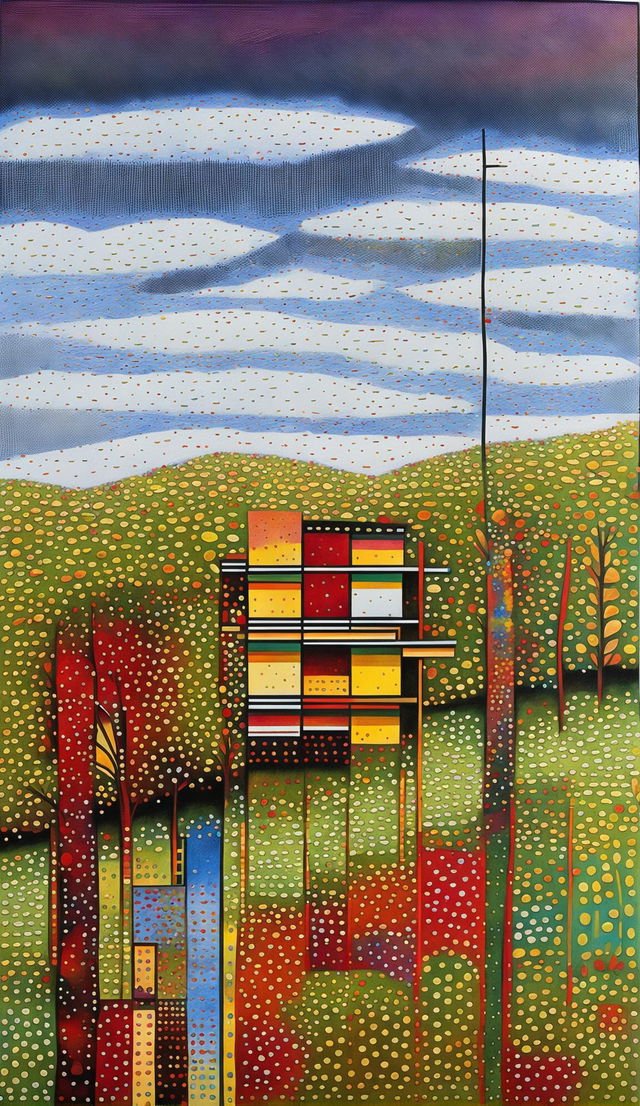 Pointillist painting of a Le Corbusier-inspired architectural home in an autumn meadow.