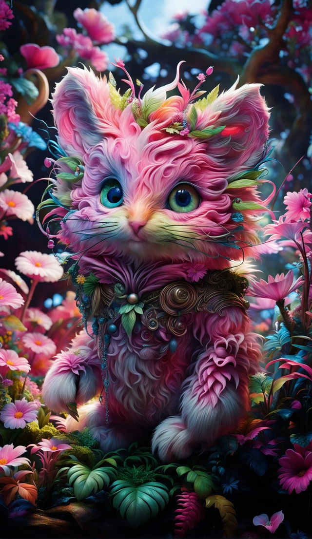 A hyper-realistic 3D rococo-inspired cyber pink fuzzy creature in a vibrant mythical forest with light filtering through the trees and fantastical flowers.