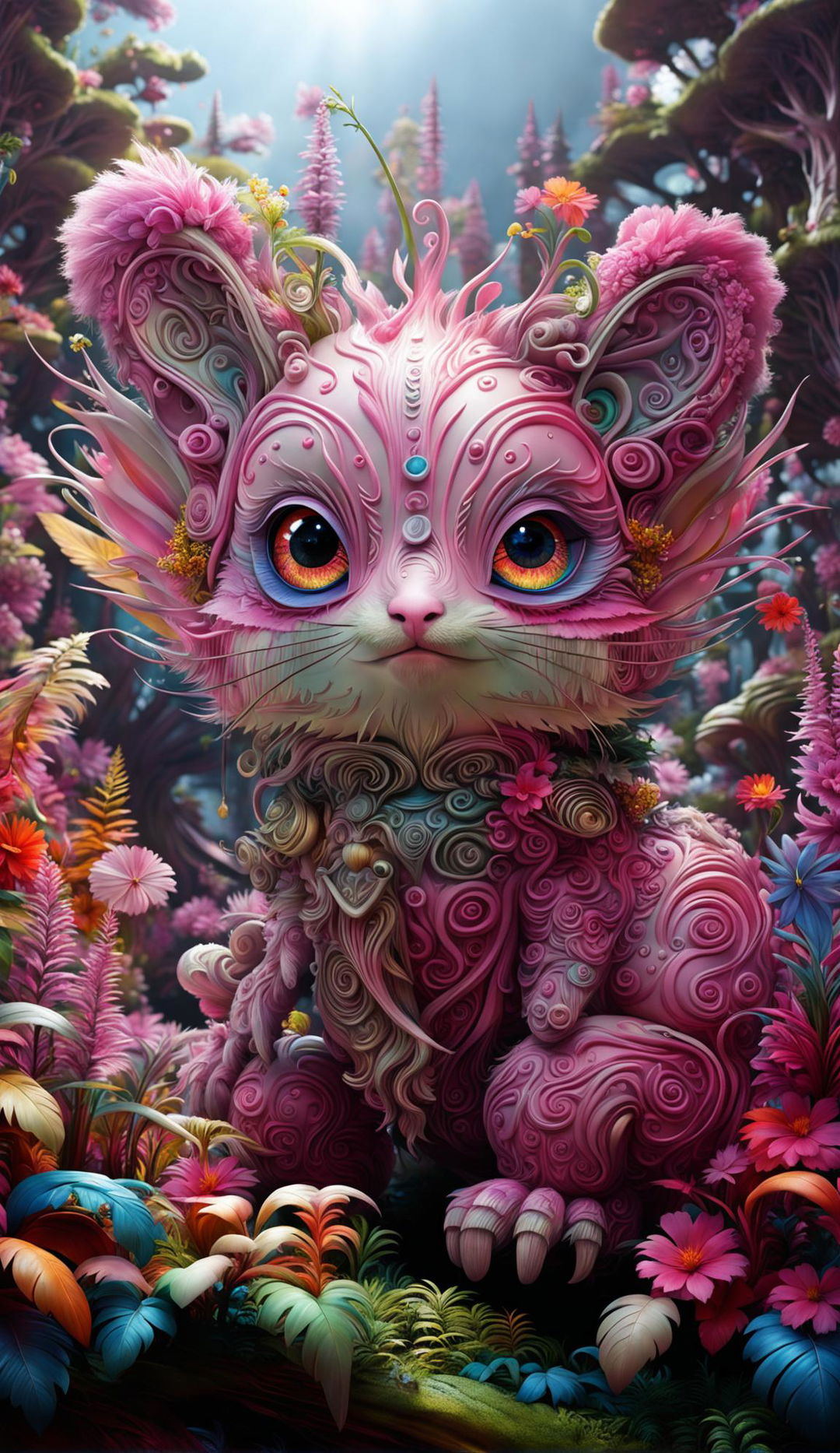 A hyper-realistic 3D rococo cyber pink fuzzy creature in a vibrant mythical forest with sunlight filtering through trees and a flower aesthetic.