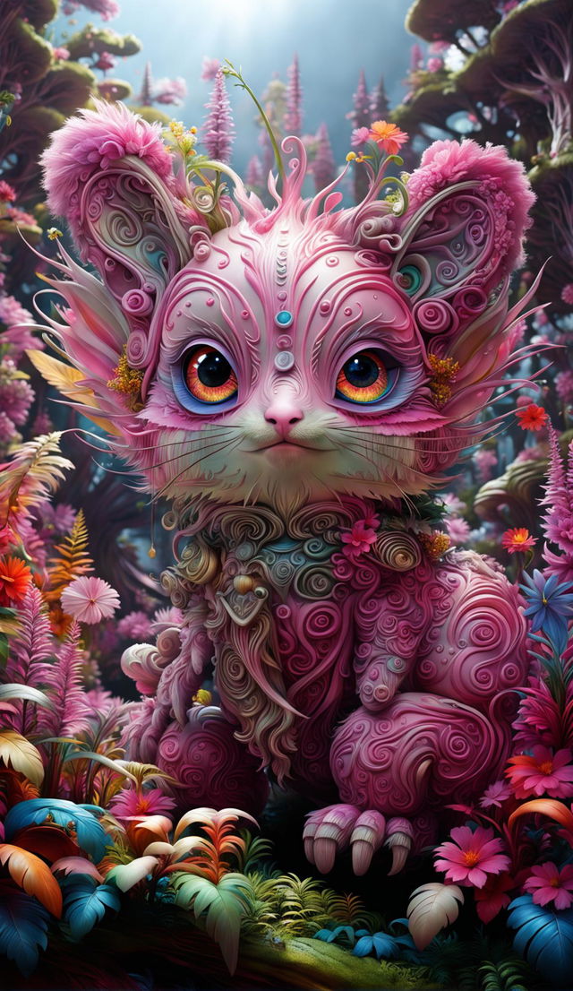 A hyper-realistic 3D rococo cyber pink fuzzy creature in a vibrant mythical forest with sunlight filtering through trees and a flower aesthetic.