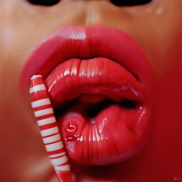 Ultra-close up of 70s style glossy red lips sipping from a strawberry and white swirling straw in high definition.