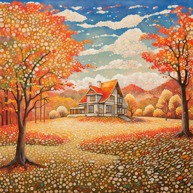 Impressionist pointillist watercolour painting of an architectural home in an autumn meadow.