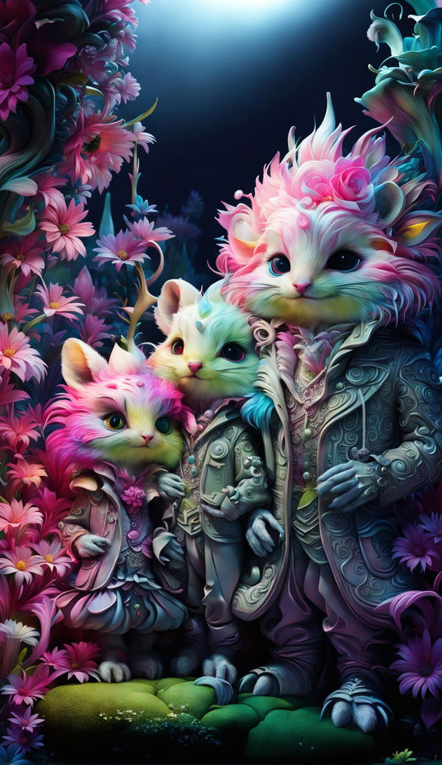 A hyper-realistic 3D rococo-inspired cyber pink fuzzy family of forest creatures in a vibrant mythical forest with light filtering through the trees and fantastical flowers.