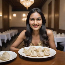 A modern Indian woman elegantly enjoying dumplings in a fancy restaurant, with a plate in front of her presenting five perfectly shaped dumplings.