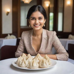 A modern Indian woman elegantly enjoying dumplings in a fancy restaurant, with a plate in front of her presenting five perfectly shaped dumplings.