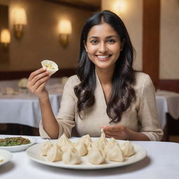 A modern Indian woman elegantly enjoying dumplings in a fancy restaurant, with a plate in front of her presenting five perfectly shaped dumplings.