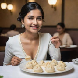 A modern Indian woman elegantly enjoying dumplings in a fancy restaurant, with a plate in front of her presenting five perfectly shaped dumplings.