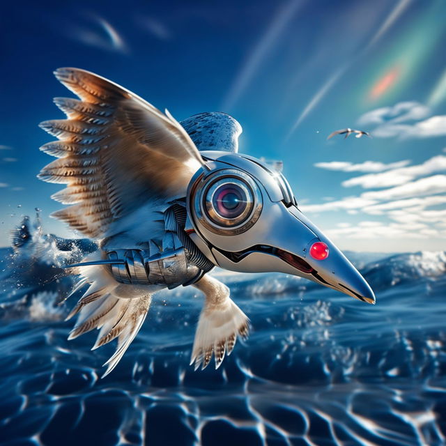 A 32k photograph captures a seagull with a robotic eye shooting a laser beam at fish in the ocean.