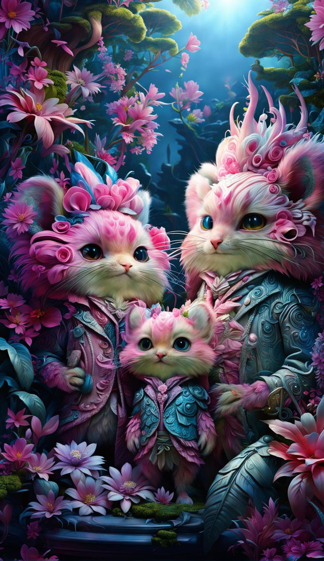 A hyper-realistic 3D rococo-inspired cyber pink fuzzy family of forest creatures in a vibrant mythical forest with light filtering through the trees and fantastical flowers.