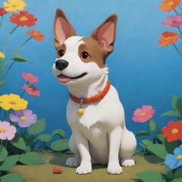 A whimsical, animated dog in the distinctive style of Studio Ghibli, filled with vivid colors and imaginative detail.