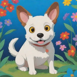 A whimsical, animated dog in the distinctive style of Studio Ghibli, filled with vivid colors and imaginative detail.