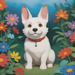 A whimsical, animated dog in the distinctive style of Studio Ghibli, filled with vivid colors and imaginative detail.