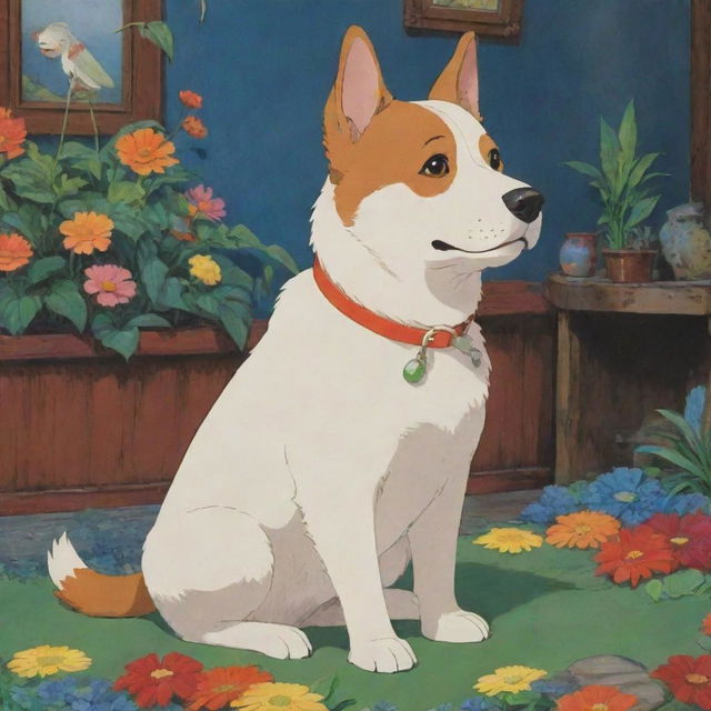 A whimsical, animated dog in the distinctive style of Studio Ghibli, filled with vivid colors and imaginative detail.