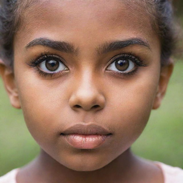 Brown-skinned girl with large expressive eyes, accentuated by long, lush eyelashes.