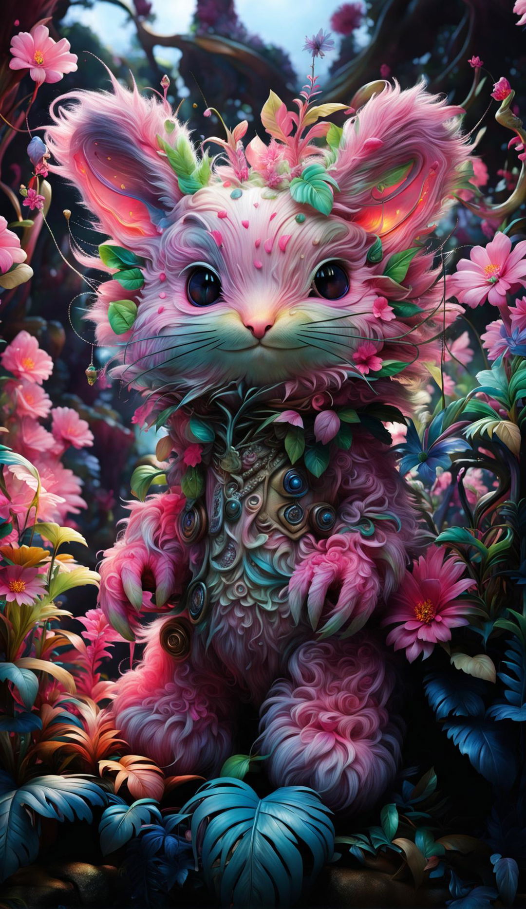 A hyper-realistic 3D rococo-inspired cyber pink fuzzy creature in a vibrant mythical forest with light filtering through the trees and fantastical flowers.