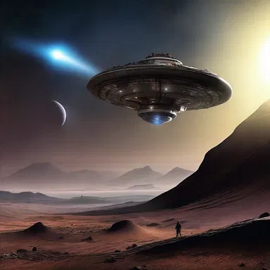 As the intergalactic starship approached the dark planet, its powerful searchlights illumed the barren landscape.