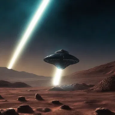 As the intergalactic starship approached the dark planet, its powerful searchlights illumed the barren landscape.