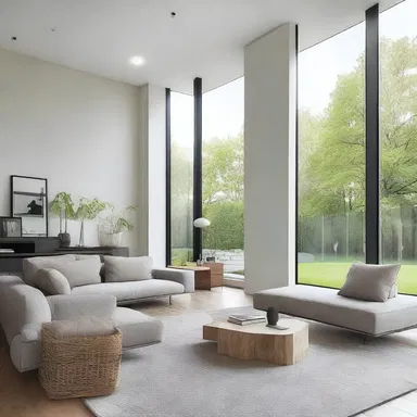 The large windows illume the modern living room with natural light, creating a bright and airy atmosphere.
